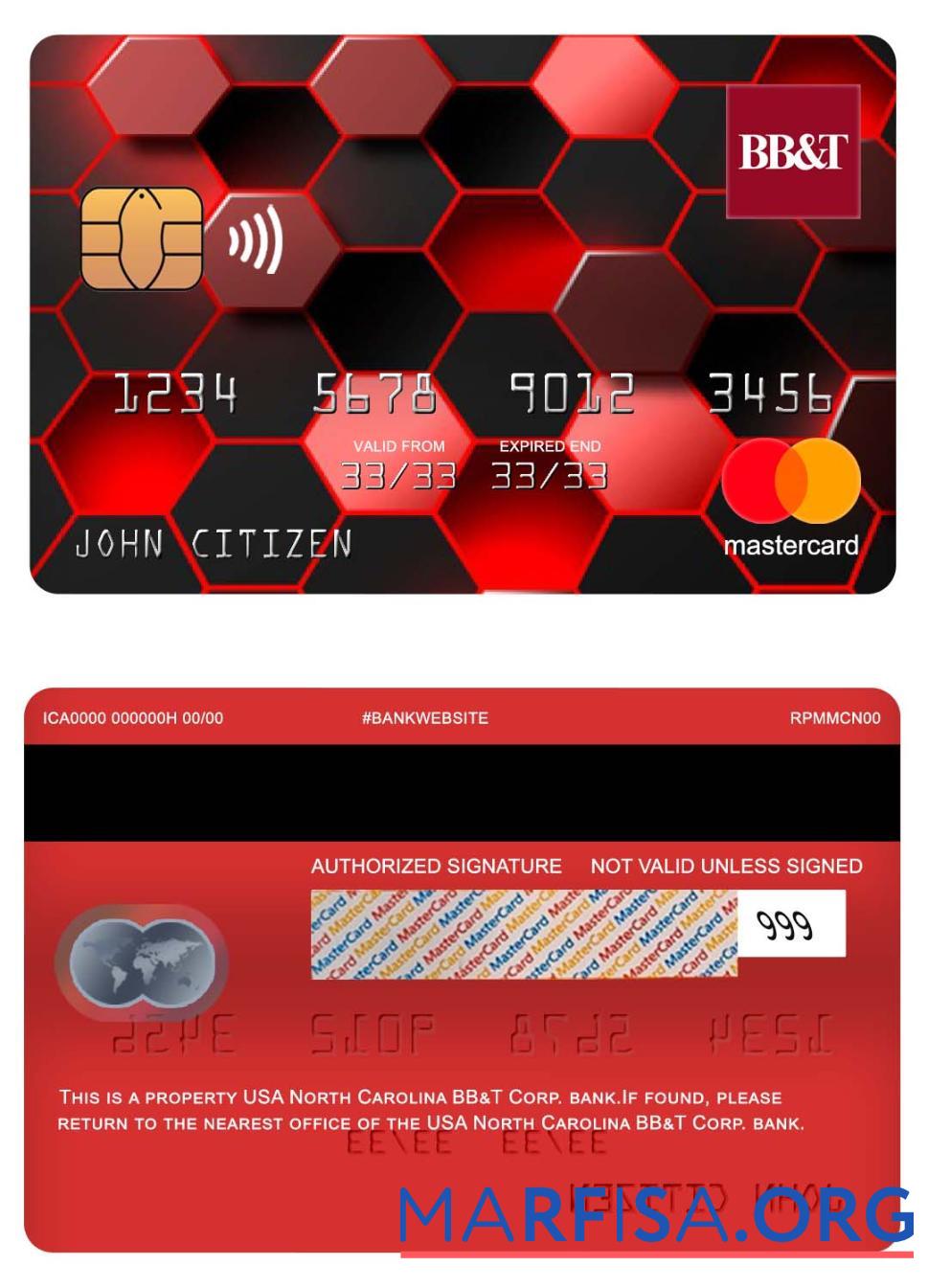Realistic USA North Carolina BB&T Corp. bank mastercard template